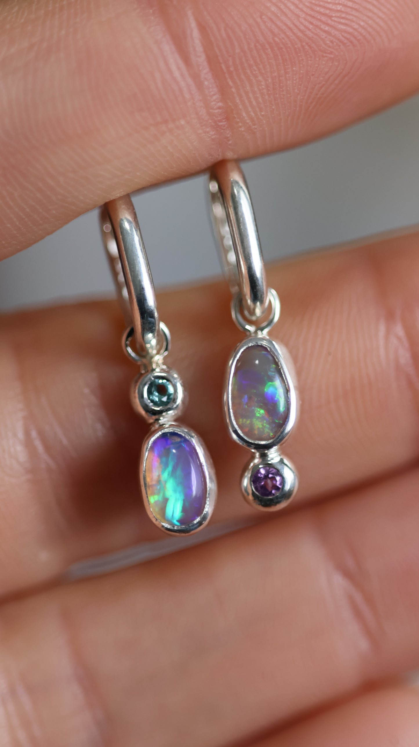 Crystal Opal & Aquamarine/ Amethyst Hoops