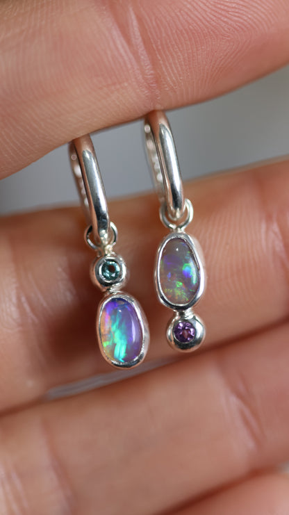 Crystal Opal & Aquamarine/ Amethyst Hoops