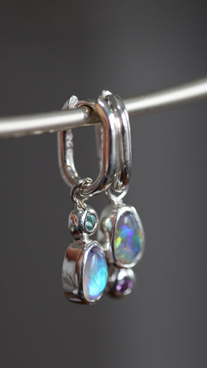 Crystal Opal & Aquamarine/ Amethyst Hoops