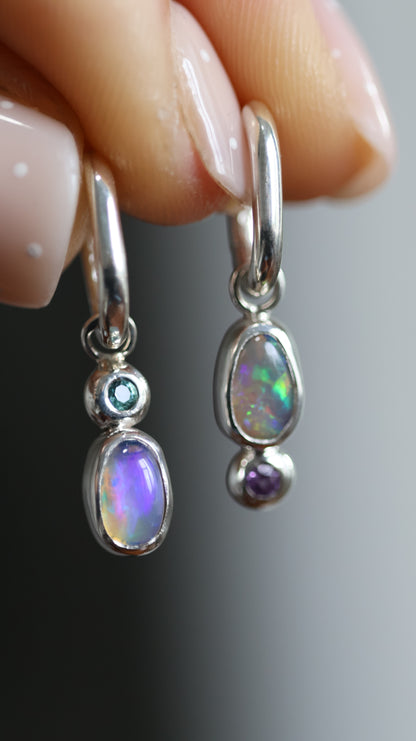 Crystal Opal & Aquamarine/ Amethyst Hoops