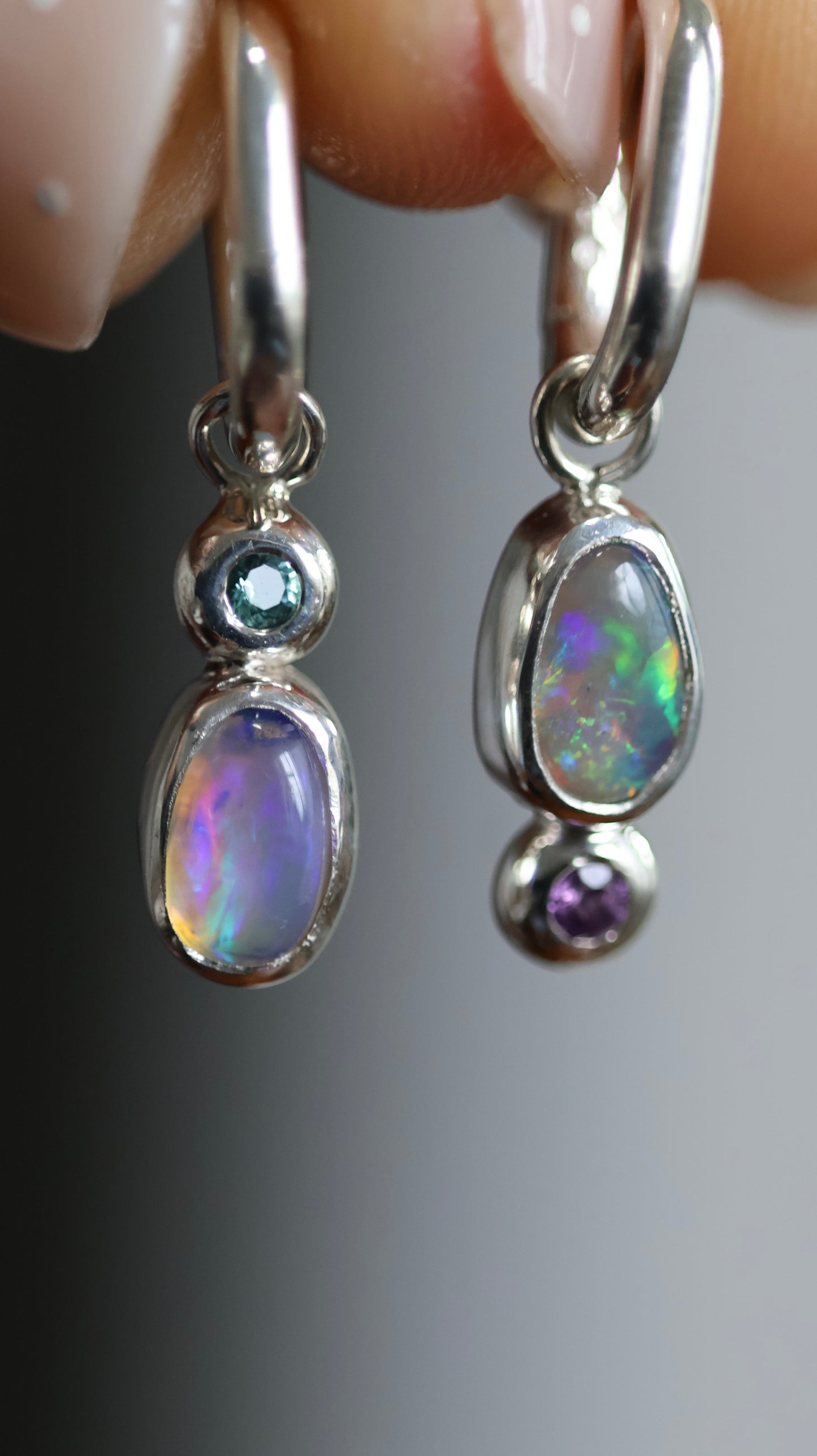 Crystal Opal & Aquamarine/ Amethyst Hoops