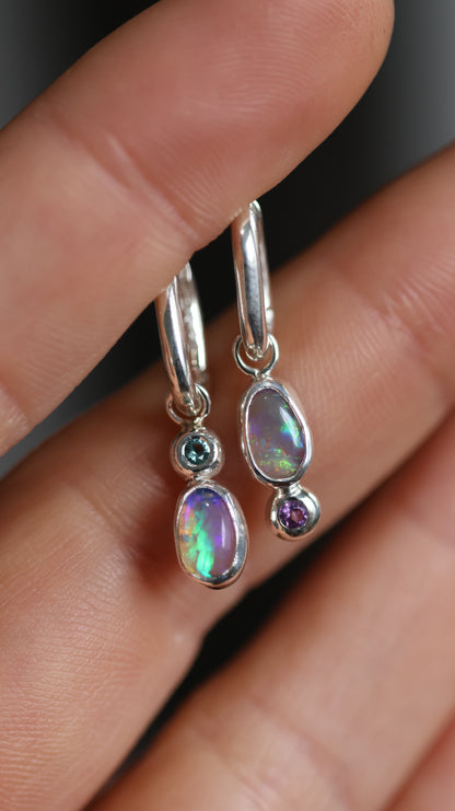 Crystal Opal & Aquamarine/ Amethyst Hoops