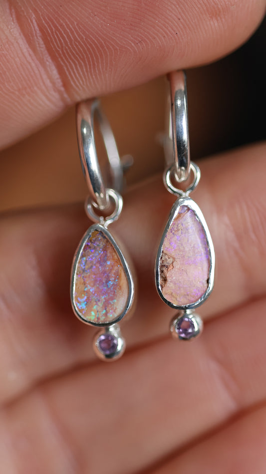 Boulder Opals & Amathyst Hoops