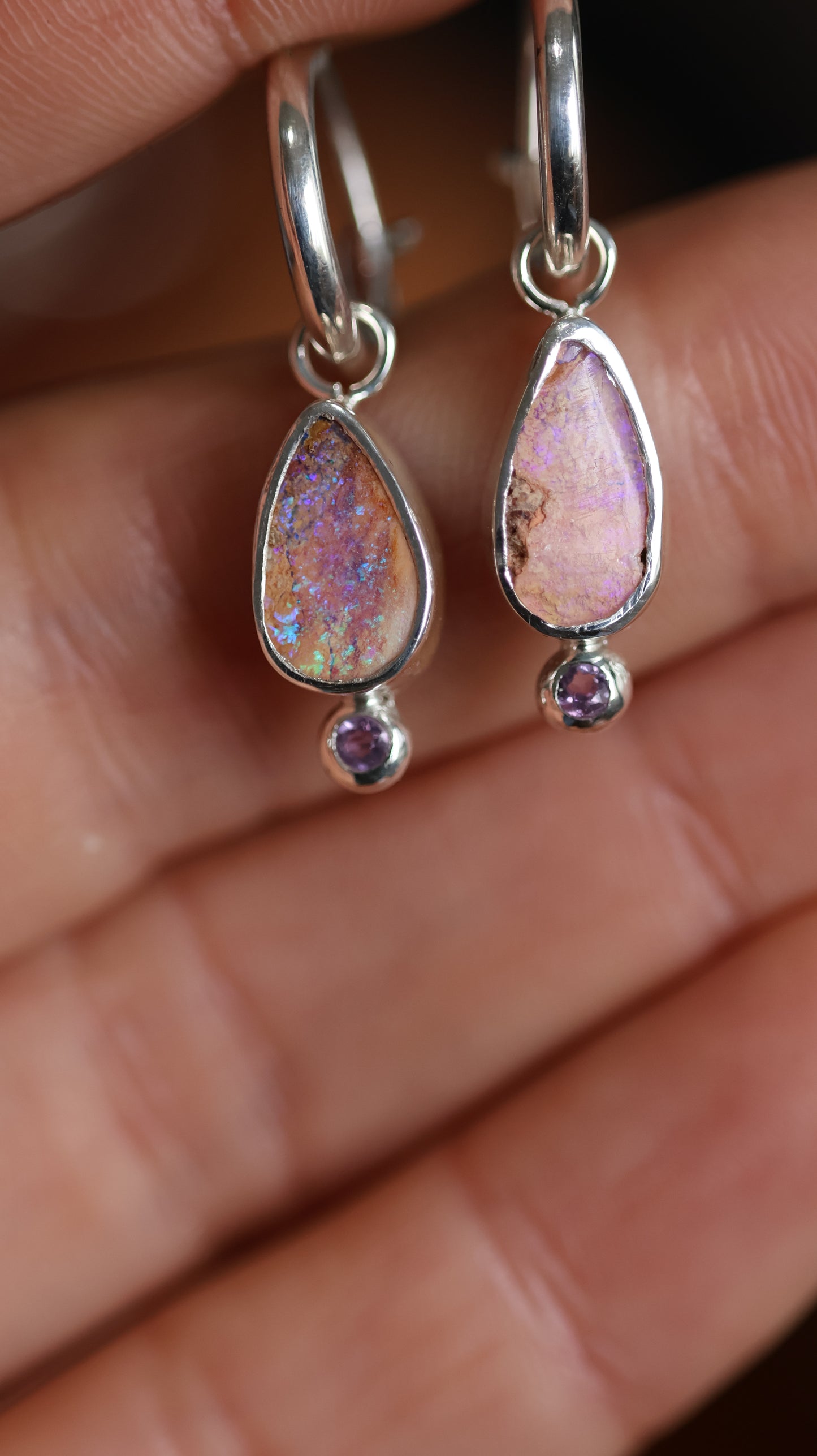 Boulder Opals & Amathyst Hoops