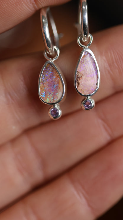 Boulder Opals & Amathyst Hoops
