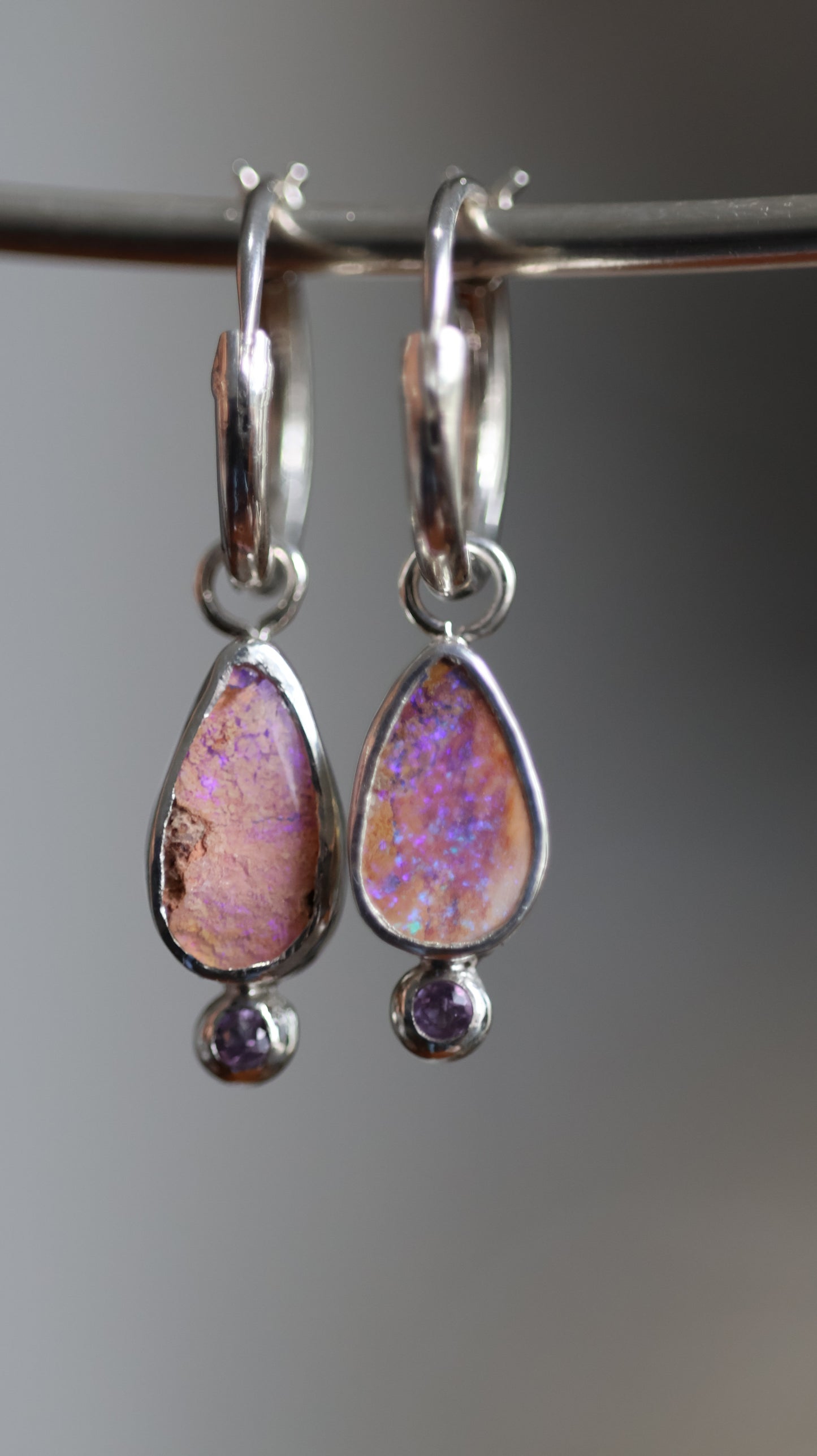 Boulder Opals & Amathyst Hoops