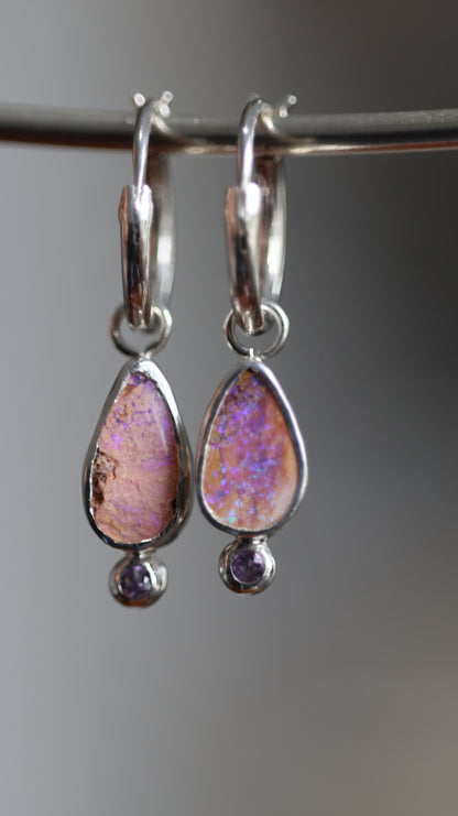 Boulder Opals & Amathyst Hoops