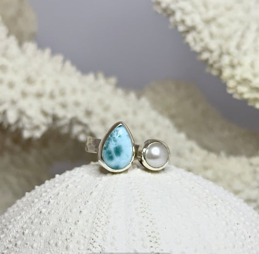 Twin Drop Ring - Larimar & Pearl