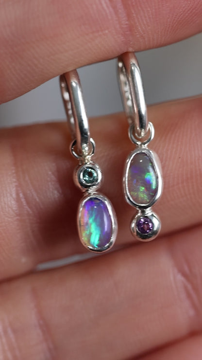 Crystal Opal & Aquamarine/ Amethyst Hoops